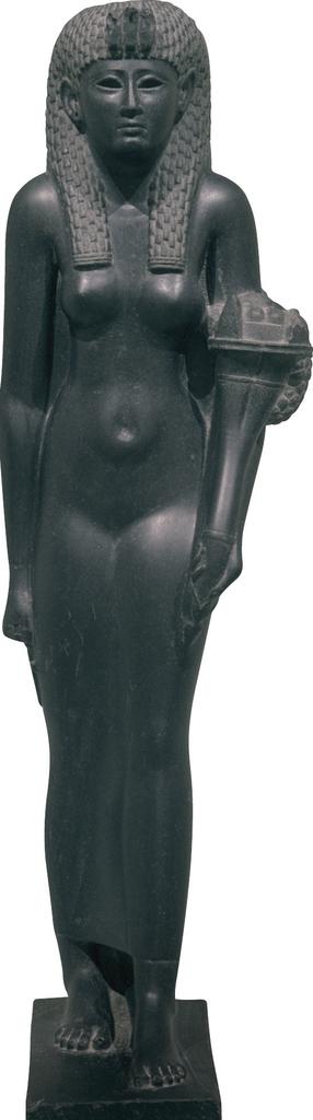 Sculpture de Cléopâtre VII Philopator ou d’Arsinoé II, vers 51–30 avant notre ère. Basalte noir, 104,7 × 30 × 52 cm. Saint-Pétersbourg, musée de l’Ermitage.
