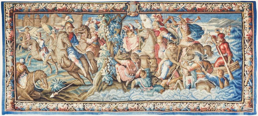 Le Passage du Granique, de la tenture de l’Histoire d’Alexandre, d’après un dessin de Charles Le Brun, vers 1680, fin du XVIIe siècle. Porte la marque « M.R.DAUBUSSON.A.GRELLET ». Laine et soie, 284 x 640 cm. Vente Paris Drouot, Thierry de Maigret, 26 mars 2025. Estimé : 4 000/6 000 € Adjugé : 45 080 € (frais inclus).