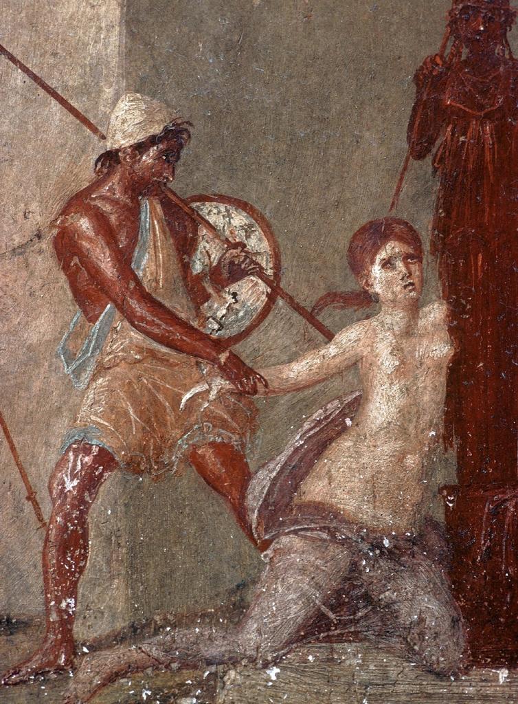 Ulysse et Cassandre, troisième quart du Ier siècle. Peinture murale du IVᵉ style. Pompéi, maison de Ménandre, pièce 4 de l’atrium, détail du mur gauche. 