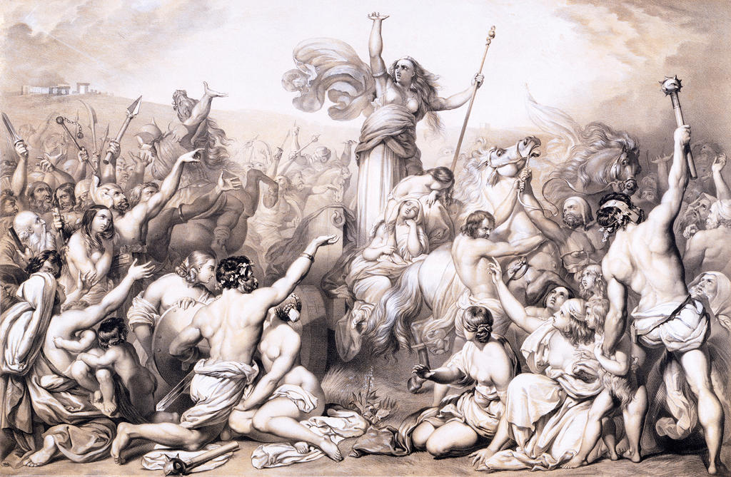 La figure de Boudicca haranguant les foules contre l’envahisseur romain n’a cessé d’être reprise et interprétée au fil des siècles. Estampe de Henry Courtenay Selous (1803-1890). Londres, V&AM.