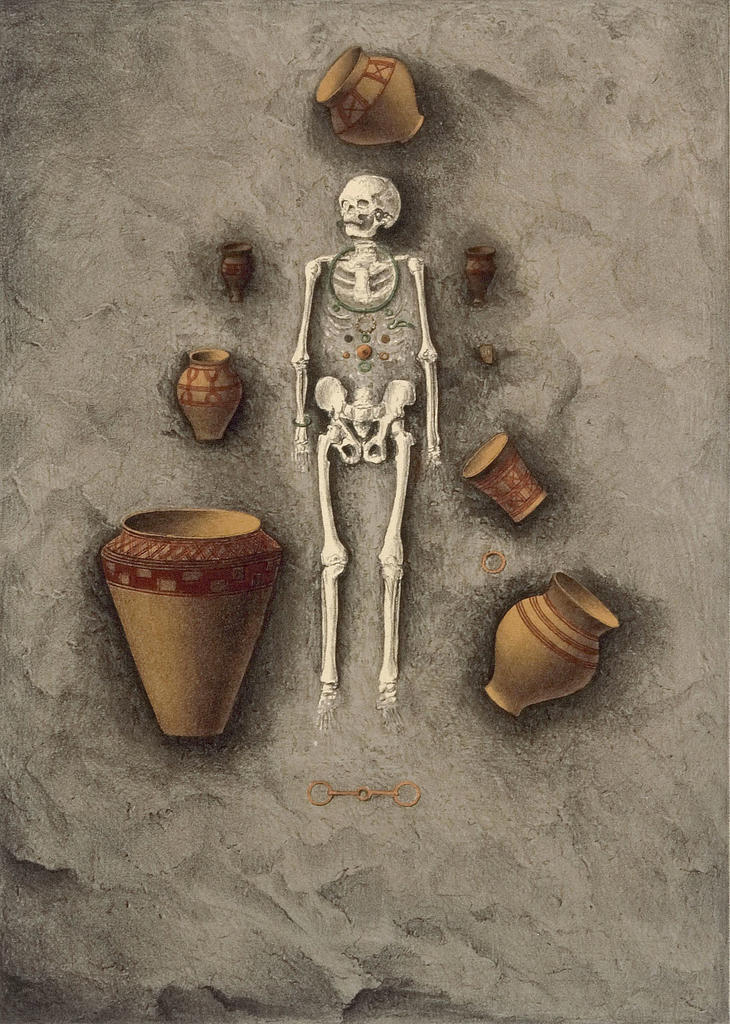 Sépulture richement dotée d’une femme gauloise. Grévières de Ciry-Salsogne, Aisne. Illustration tirée de la Collection Caranda, Album des principaux objetsrecueillis dans les sépultures de Caranda (Aisne), par MM Frédéric Moreau, pendant les années 1873, 1874, 1875, vol. III, pl. 139. Saint‑Germain-en-Laye, musée d’Archéologie nationale - Domaine national de Saint-Germain-en-Laye. 