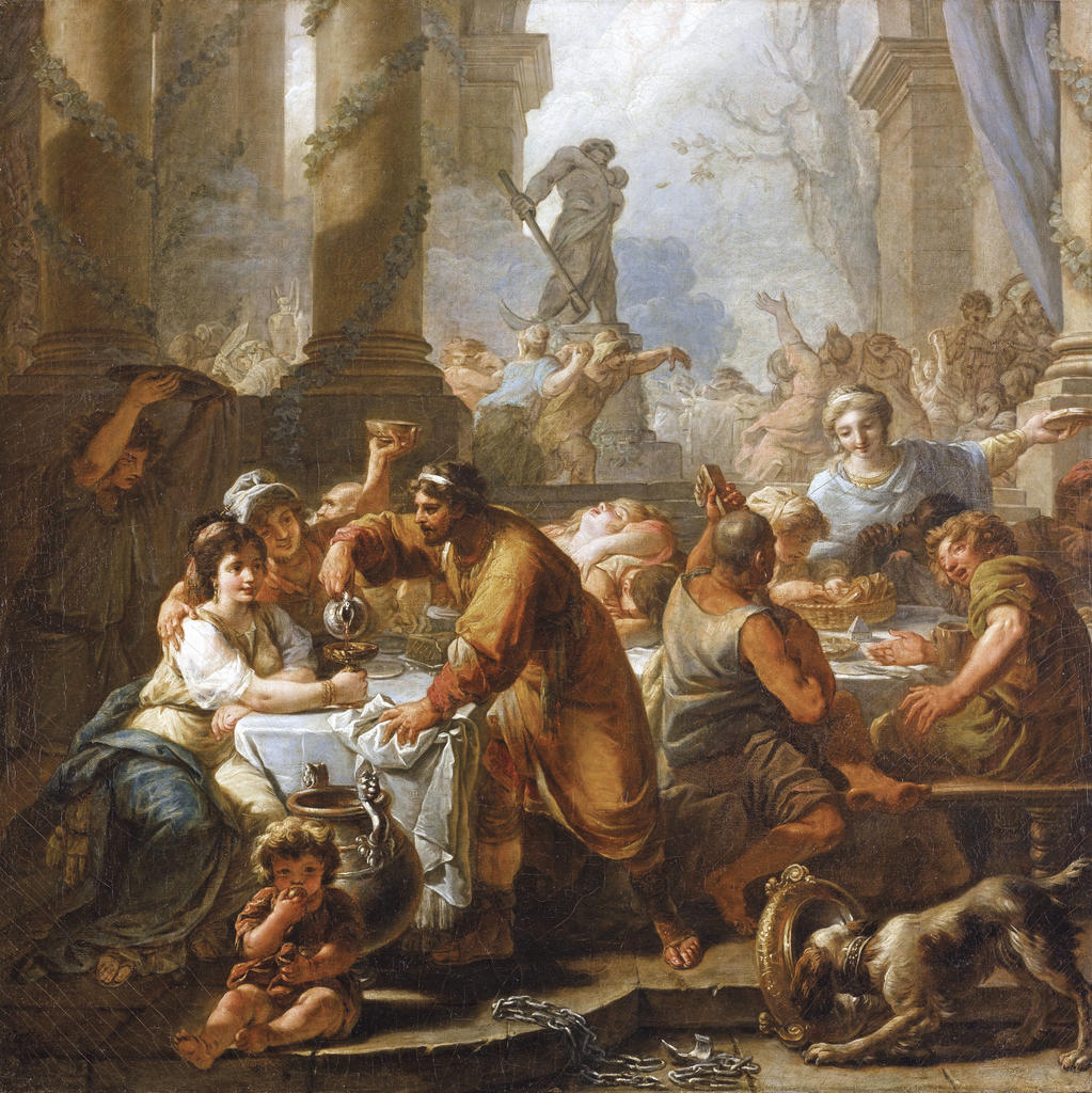 Les Saturnales ou l’Hiver. Au premier plan, on voit une scène de banquet et au second une scène de rue. Huile sur toile d'Antoine‑François Callet. Compiègne, château.