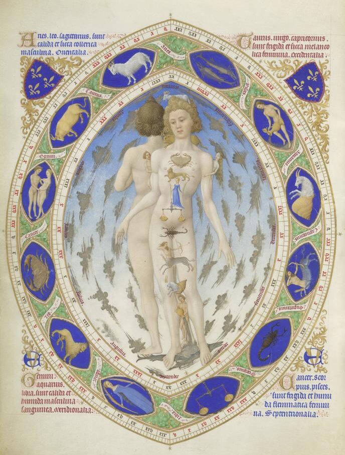 Frères de Limbourg, Très Riches Heures du duc de Berry, fol. 14v : l’Homme anatomique ou zodiacal. 