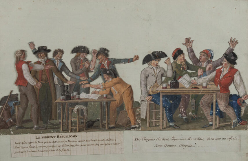 Jean-Baptiste Lesueur (1749-1826), Des citoyens chantant l’hymne des Marseillais, 1792, musée Carnavalet – Histoire de Paris, D. 9069.