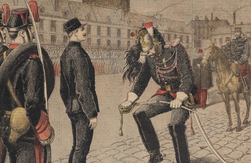 Henri Meyer (dessin), « Le Traître. Dégradation d’Alfred Dreyfus » (détail), Le Petit Journal, supplément illustré, 13 janvier 1895, impression couleur sur papier, 27,5 x 32,7 cm.