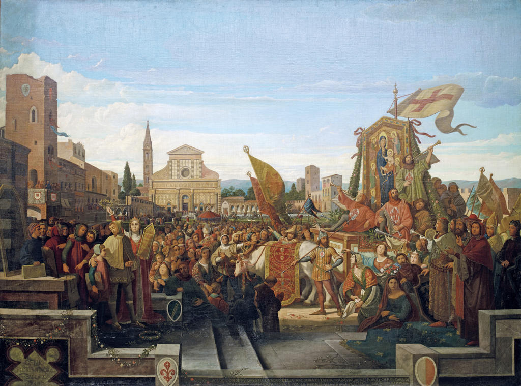Adolf von Stürler, La Vierge peinte par Cimabué [sic] est transportée processionnellement à l’église Santa Maria Novella, en 1270, vers 1859. Huile sur toile, 261 x 350 cm. Montauban, musée Ingres Bourdelle.