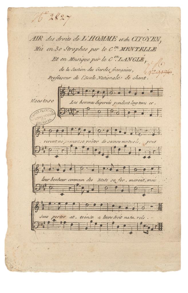 Air des Droits de l’homme et du citoyen…, mis en vers et en musique par les citoyens Mentelle et Langlé. 6 ventôse an II [24 février 1794], Archives nationales, D/XXXVIII/5. 