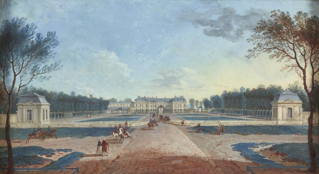Attribué à Alexis Nicolas Pérignon (1726-1782), Le château de Choisy-le-Roi, du côté de la cour, 1773. Pierre noire, aquarelle et gouache sur papier, 20,8 x 37,3 cm. Versailles, musée national des châteaux de Versailles et de Trianon.