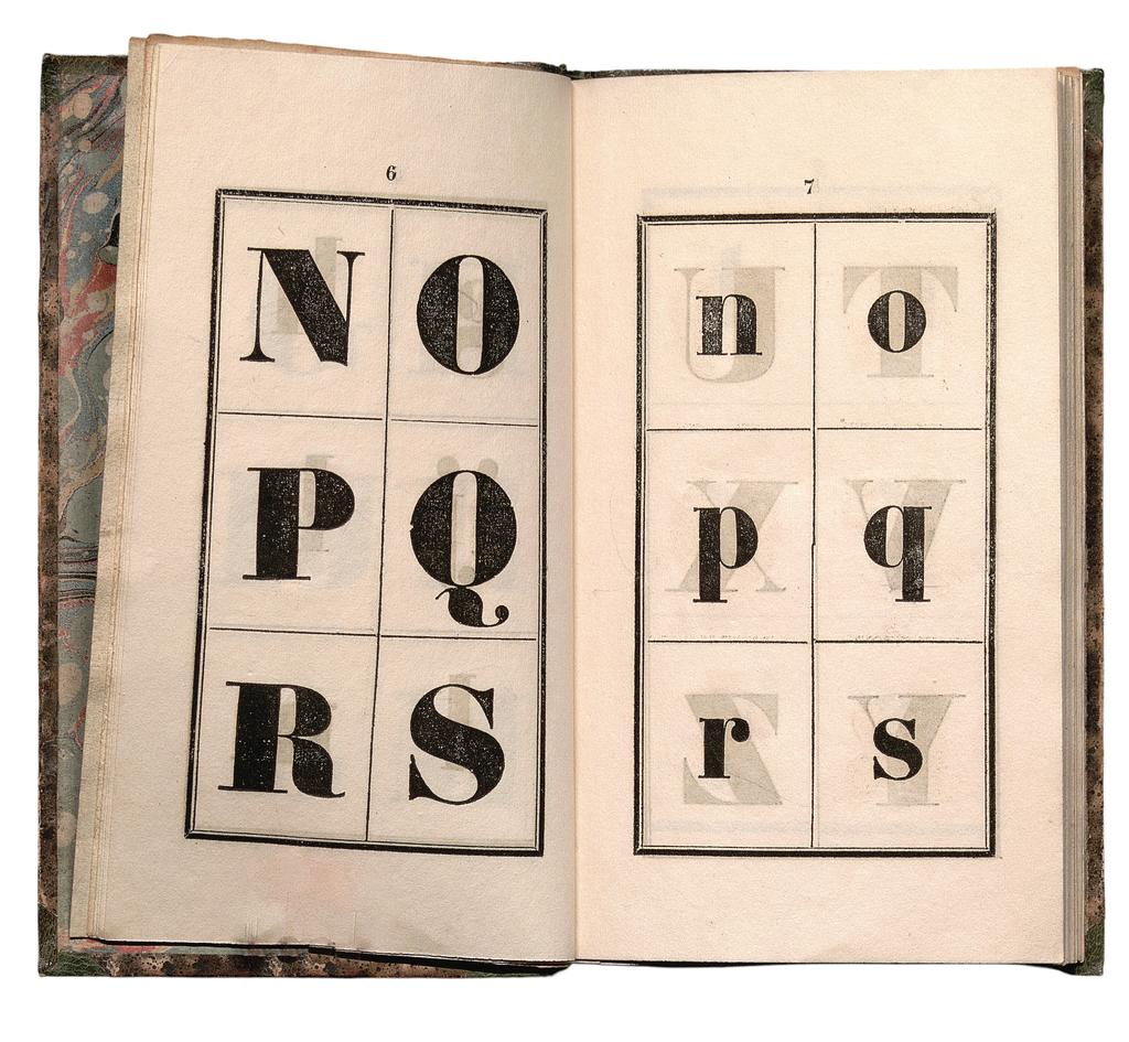 Anonyme, Abécédaire des petits garçons, p. 6-7, alphabet en capitale et bas-de-casse. Cote BENC : 8R301.