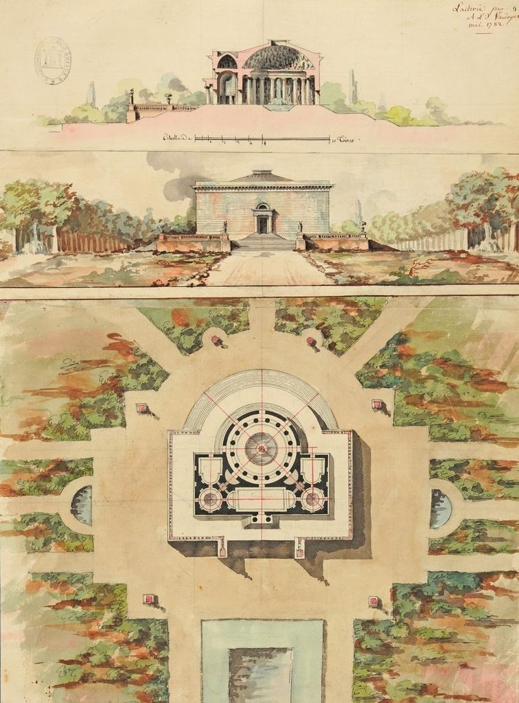 Antoine-Laurent-Thomas Vaudoyer, Projet de laiterie, dessin pour le concours d’émulation de 1ʳᵉ classe à l’Académie royale d’architecture, juin 1782. Encre noire et aquarelle, 63 x 46,2 cm, Paris, École nationale supérieure des beaux-arts.