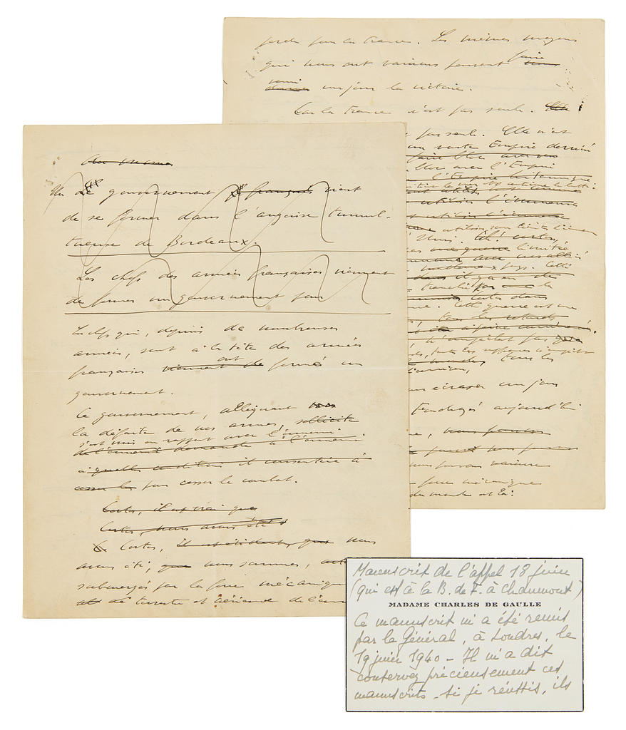 Le manuscrit de l'Appel du 18 juin avec la carte d'Yvonne de Gaulle, remis aux Archives nationales le 12 juin 2025.