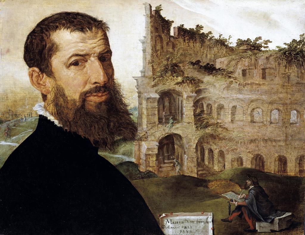 Maarten van Heemskerck, Autoportrait avec le Colisée, 1553. Huile sur bois, 42,2 x 54 cm. Cambridge, The Fitzwilliam Museum.