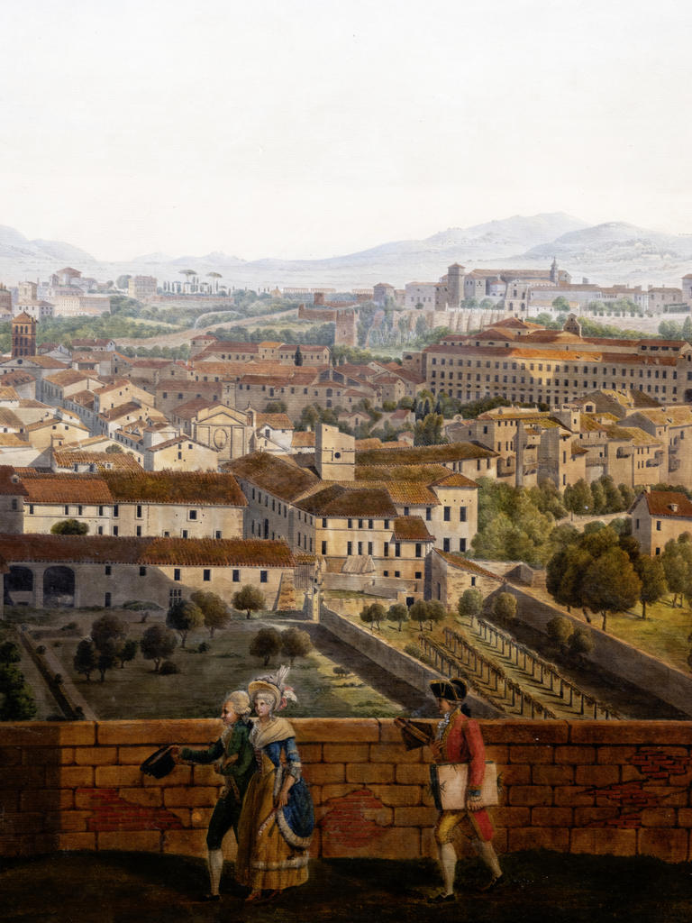 Au premier plan de son panorama, l’artiste s’est représenté deux fois, carton à la main en train de marcher, et assis en train de dessiner.