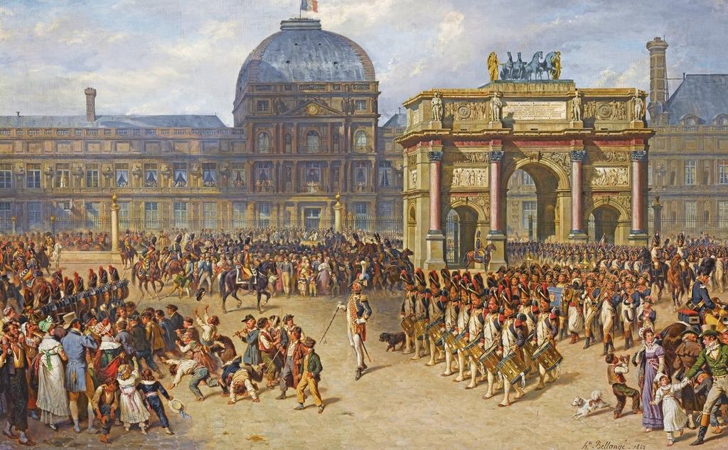 Joseph Louis Hippolyte Bellangé (1800-1866), Adrien Dauzats (1804-1868), Un jour de revue sous l'Empire (1810). Au fond, l'arc de triomphe du Carrousel et les Tuileries, 1862. Huile sur toile, 101 x 161 cm. Paris, musée du Louvre.
