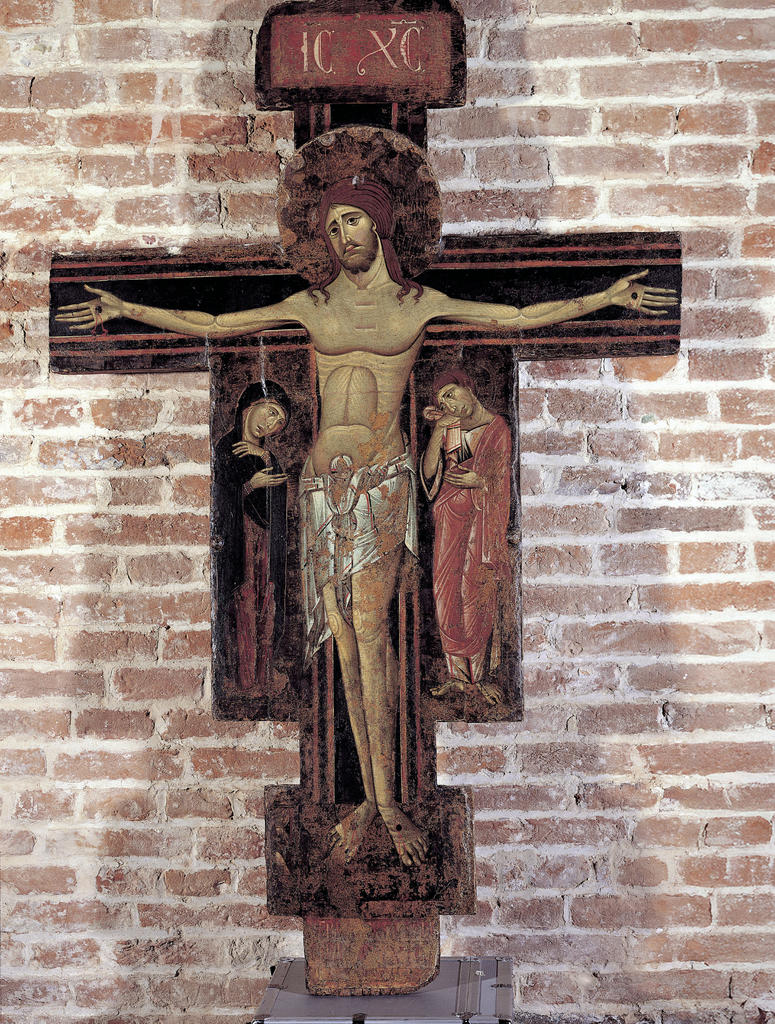 Berlinghiero (actif à Lucques entre 1225 et 1236 environ), Croix peinte, deuxième quart du XIIIe siècle. Or et tempera sur bois, 156 x 100 cm. Pise, Museo nazionale di San Matteo. 