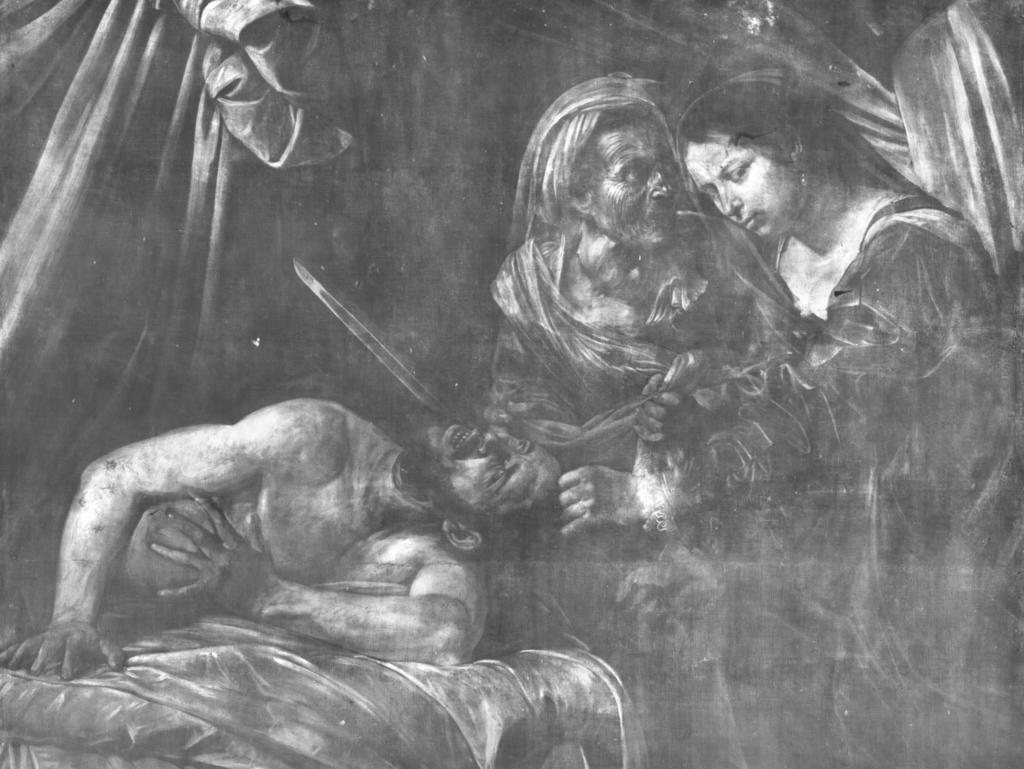 Le détail de la radiographie reproduit ci-dessous permet de penser que Judith devait initialement regarder en direction d’Holopherne, comme dans le tableau du Palazzo Barberini, et non pas vers le spectateur.