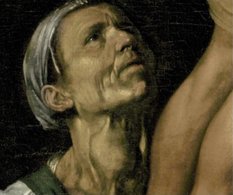 Détail de la servante qui apparaît en bas à gauche du Crucifiement de saint André. Huile sur toile, 202 x 152 cm. Cleveland Museum of Art.