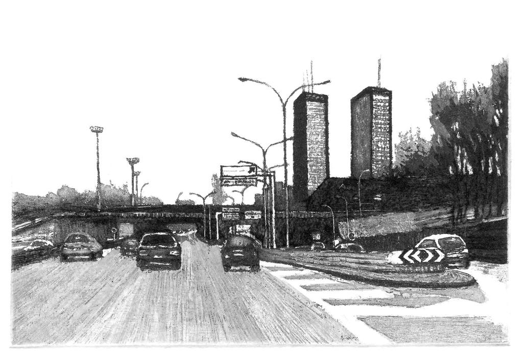 Porte de Bagnolet, périphérique extérieur, série « Périph’ », 2018, aquatinte, 10 x 15 cm (matrice), 20 x 30 cm (feuille).