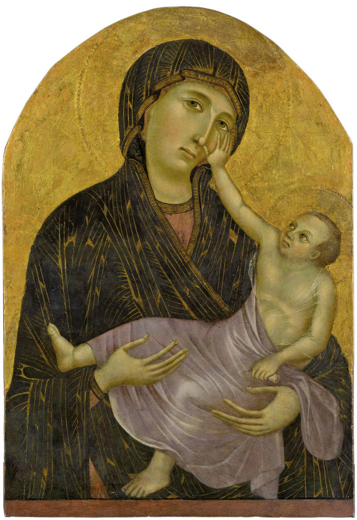 Cenni di Pepo, dit Cimabue, et Giotto di Bondone (attributionlargement admise ces dernières années et remise en question par l’exposition du Louvre au bénéfice de l’atelier de Duccio), La Vierge à l’Enfant, dite Madone de Castelfiorentino, vers 1285. Or et tempera sur bois, 67 x 47 cm. Castelfiorentino, Museo di Santa Verdiana. 