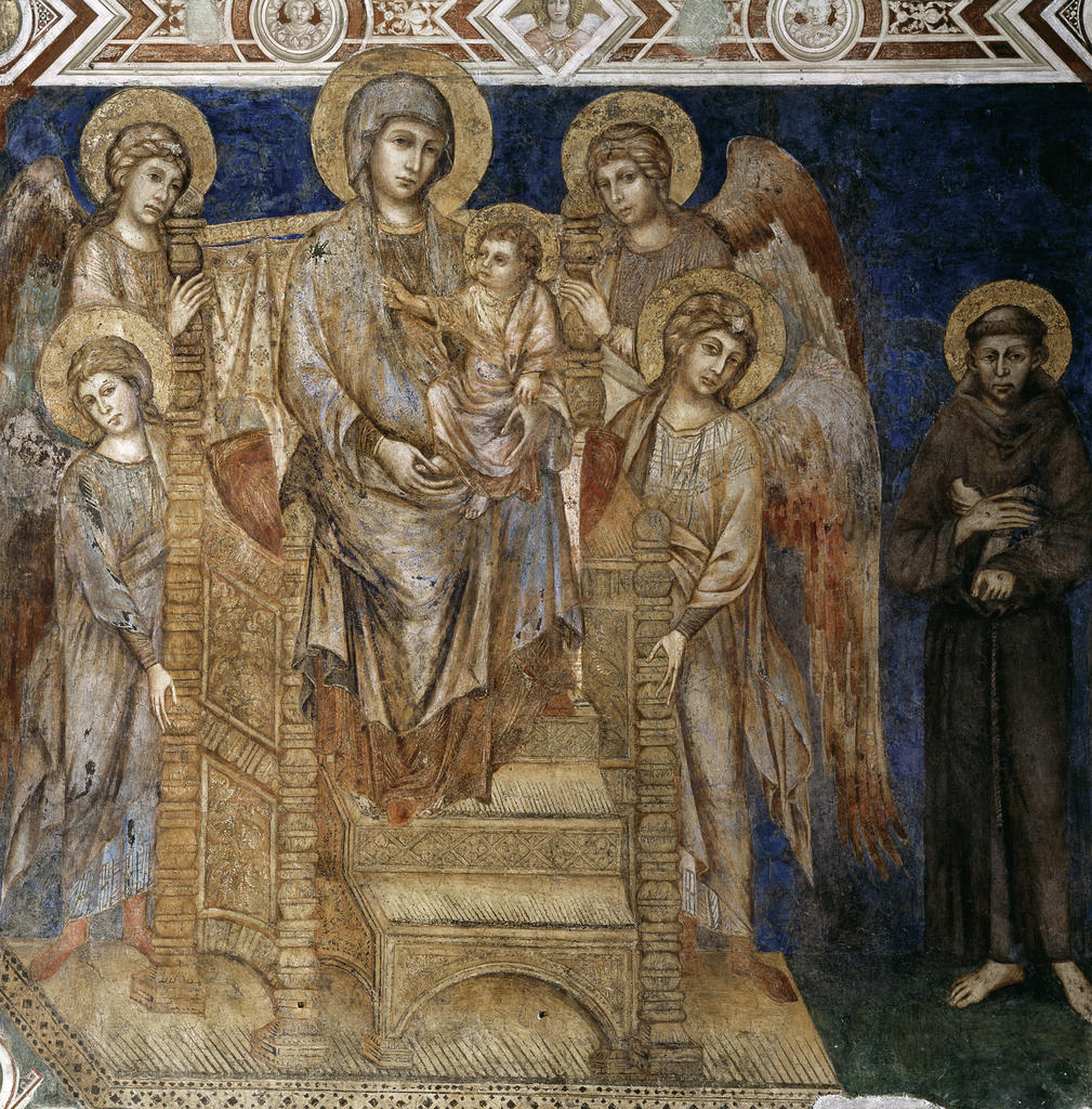 Cenni di Pepo, dit Cimabue, Madone à l’Enfant avec saint François et quatre anges, fin des années 1280 (?). Fresque. Assise, église inférieure de la basilique San Francesco.