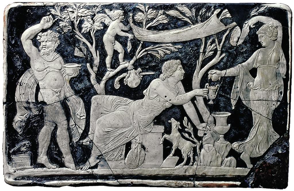 Dionysos et Ariane avec un satyre. Ier siècle. Plaque de verre, 25,5 × 39,5 cm. Parc archéologique de Pompéi.