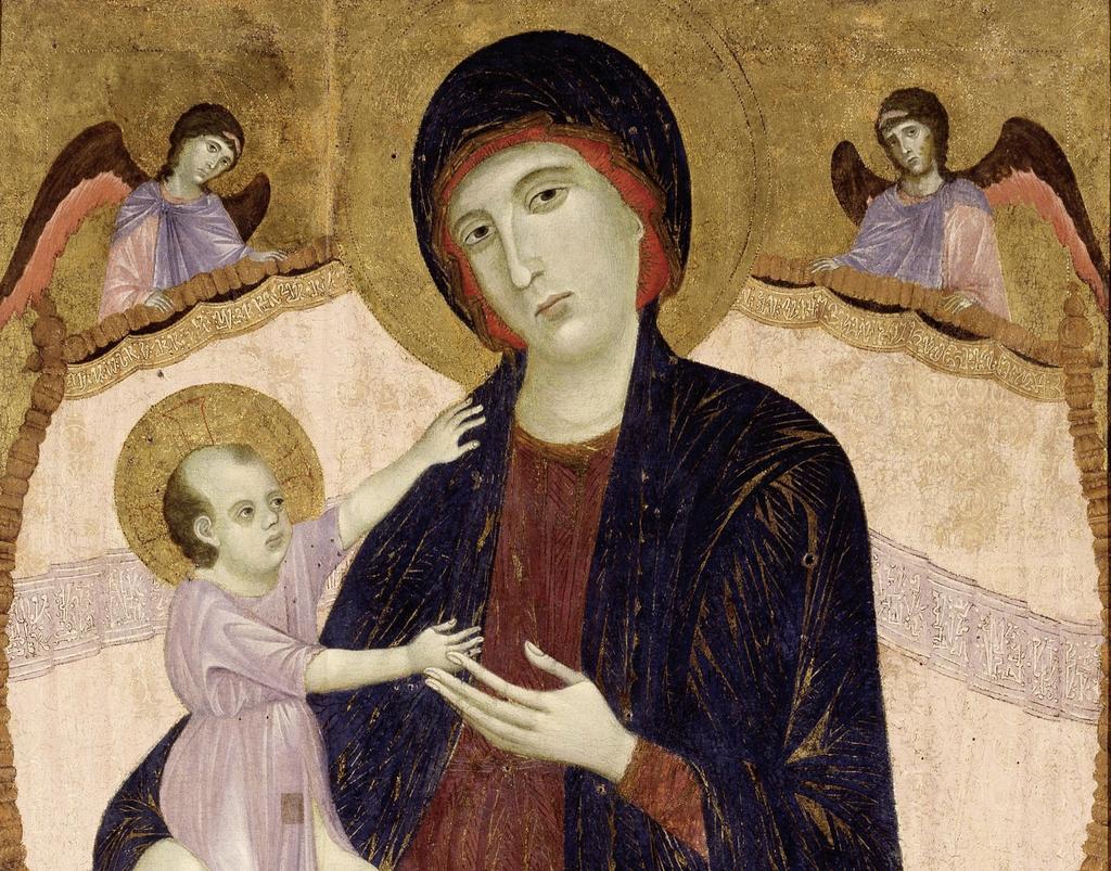 Duccio di Buoninsegna (attribution remise en question par l’exposition du Louvre au bénéfice de Cimabue), La Vierge à l’Enfant avec deux anges, dite aussi Madone Gualino (détail), vers 1285. Tempera sur bois, 157 x 86 cm. Turin, Galleria Sabauda, collection Gualino.