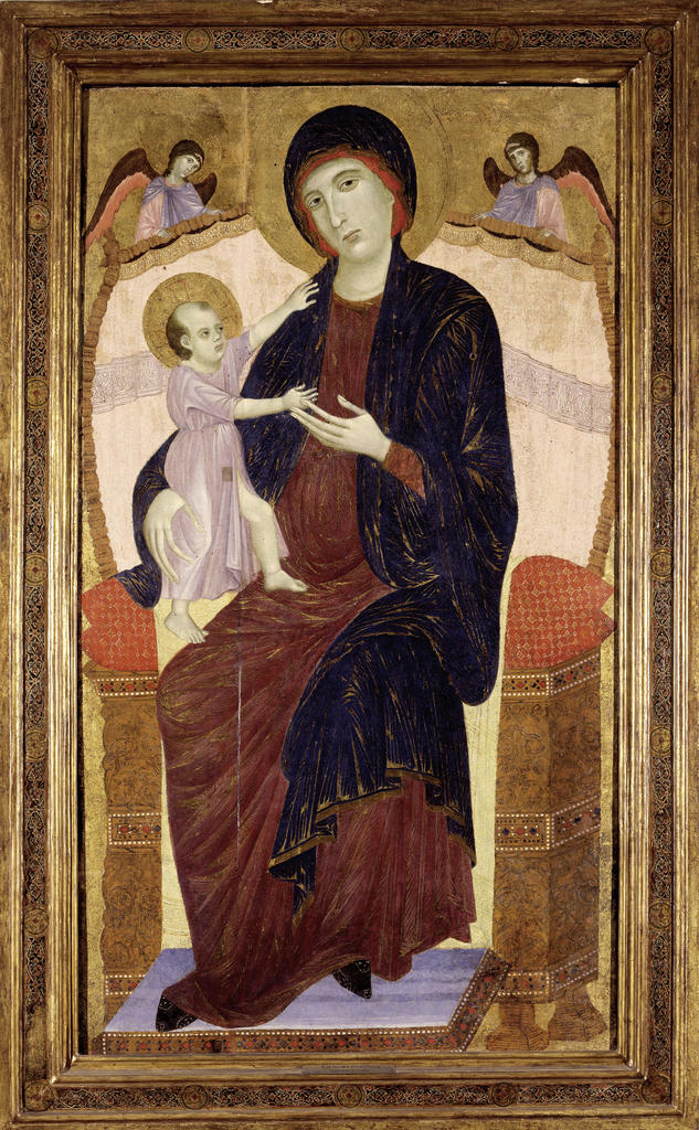Duccio di Buoninsegna (attribution remise en question par l’exposition du Louvre au bénéfice de Cimabue), La Vierge à l’Enfant avec deux anges, dite aussi Madone Gualino, vers 1285. Tempera sur bois, 157 x 86 cm. Turin, Galleria Sabauda, collection Gualino.