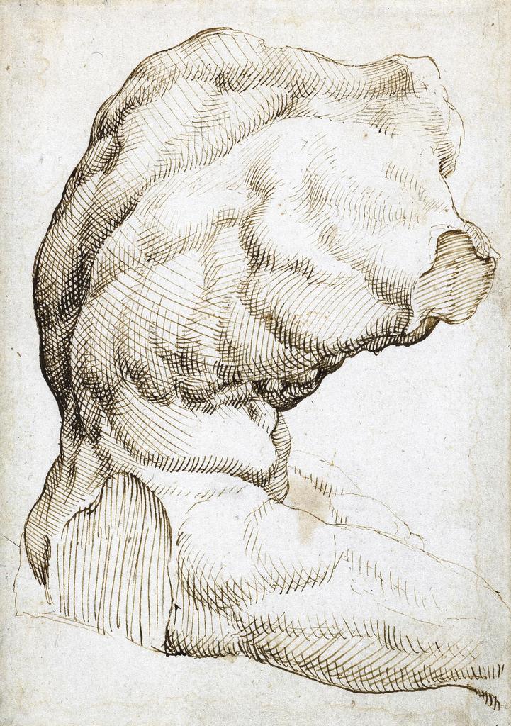 Maarten van Heemskerck, Étude d’après le Torse du Belvédère, 1532-36. Plume et encre brune sur papier, 13,5 x 18,8 cm. Berlin, Staatliche Museen zu Berlin, Kupferstichkabinett.