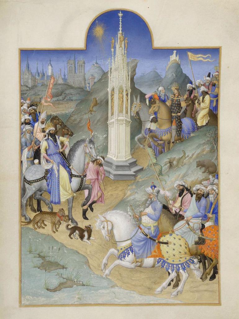 Frères de Limbourg, Très Riches Heures du duc de Berry, fol. 51v : La Rencontre des trois Rois mages. 