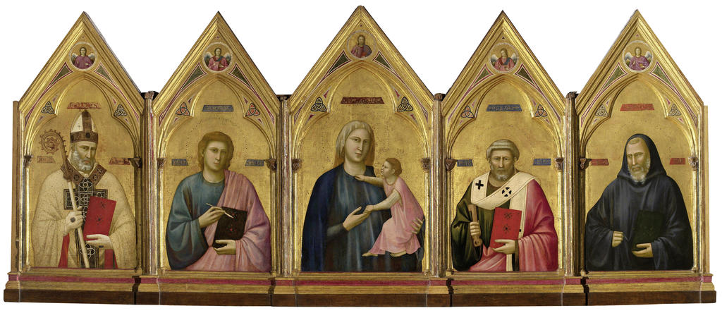 Giotto di Bondone, Polyptyque de Badia, vers 1290-1300. Tempera et or sur bois, 91 x 334 cm. Florence, galerie des Offices.