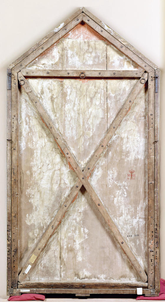 Giotto di Bondone, Saint François d’Assise recevant les stigmates, vers 1298. Revers. Bois (peuplier), 330 x 178,5 cm (avec la moulure rapportée à l’époque napoléonienne). Paris, musée du Louvre.