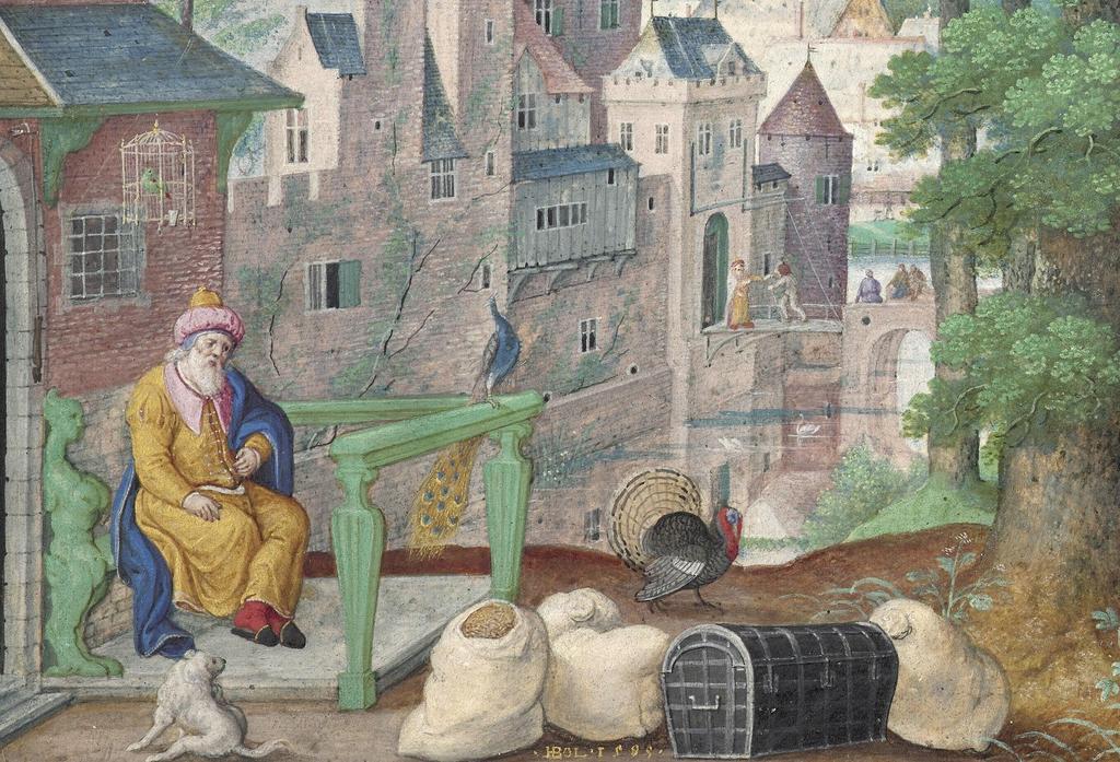 Hans Bol (1534-1593), Paysage avec la parabole de l’homme riche. Gouache et or sur vélin sur panneau de chêne, 16 x 31,5 cm. Signé et daté « .HBOL.1585 ». Vente Paris, Artcurial, 30 avril 2025.