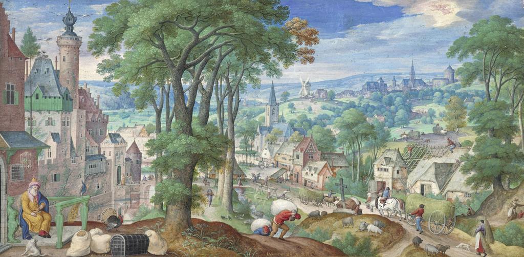 Hans Bol (1534-1593), Paysage avec la parabole de l’homme riche. Gouache et or sur vélin sur panneau de chêne, 16 x 31,5 cm. Signé et daté « .HBOL.1585 ». Vente Paris, Artcurial, 30 avril 2025. Estimé : 300 000/400 000 €. Adjugé : 682 240 € (frais inclus).