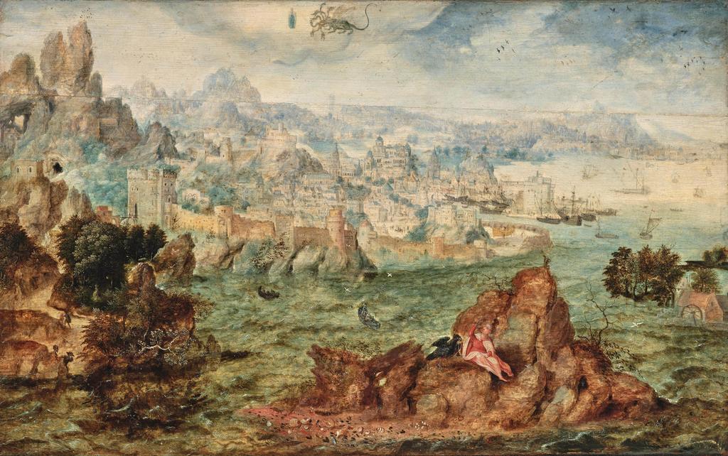 Herri met de Bles (vers 1510, actif à Anvers entre 1533 et 1566), Paysage avec la vision de l’Apocalypse de saint Jean à Patmos. Huile sur bois, 35,5 x 55 cm. Porte la signature en forme de chouette de l’artiste en bas à droite. Vente Vienne, Dorotheum, 29 avril 2025. Estimé : 80 000/120 000 €. Adjugé : 351 000 € (frais inclus).