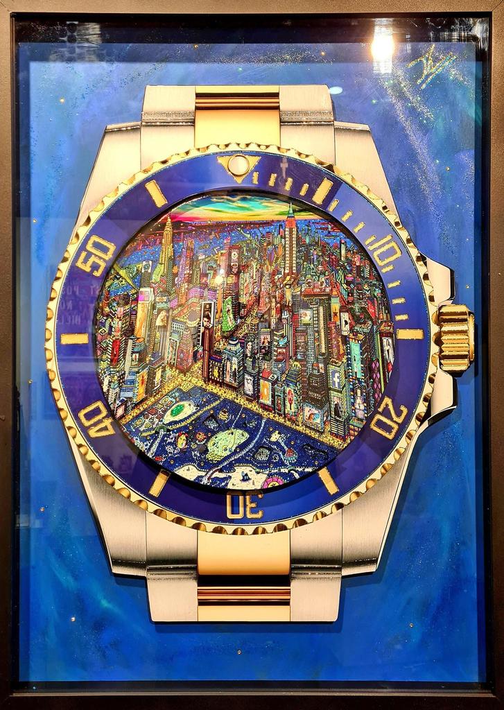 Johann Perathoner (né en 1986), Rolex, New York City by night, 2020. Acrylique, collages, paillettes sur bois, 70 x 50 x 3 cm. 