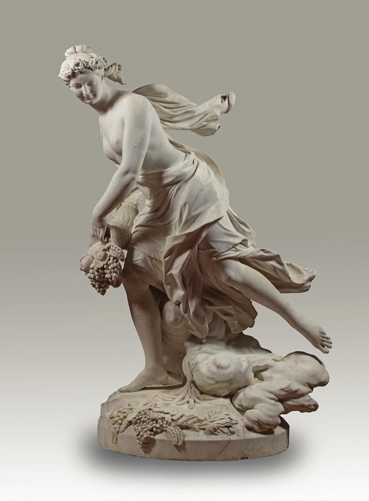 Lambert Sigisbert Adam, dit Adam l’Aîné (1700-1759), L’Abondance répandant ses dons sur la terre, 1752-1760. Statue, marbre, 208 x 115 x 142 cm (diamètre de la terrasse : 105 cm). Versailles, musée national des châteaux de Versailles et de Trianon.