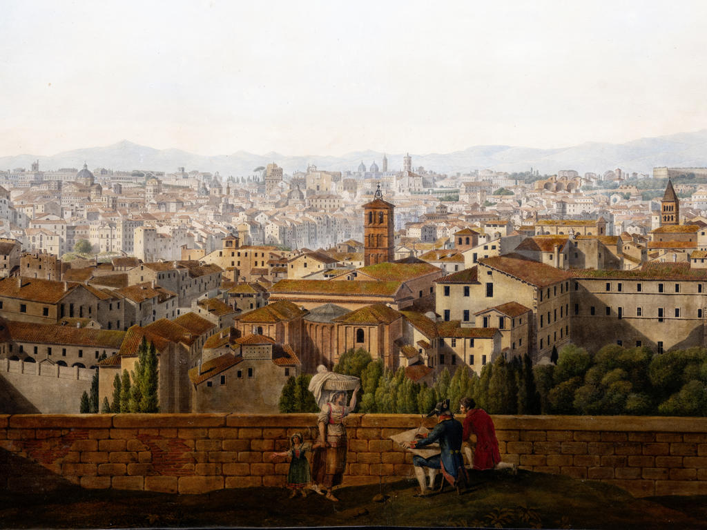 Au premier plan de son panorama, l’artiste s’est représenté deux fois, carton à la main en train de marcher, et assis en train de dessiner.