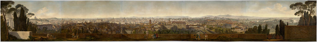 Louis Le Masson (1743-1829), Panorama de Rome vu depuis la terrasse de San Pietro in Montorio, 1779. Encre, aquarelle et gouache sur papier vergé, 62 x 456 cm. Collection particulière.