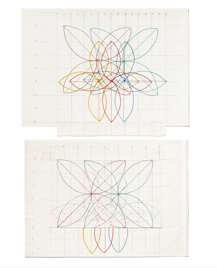 Lucinda Childs (née en 1940), Deux gabarits pour Melody Excerpt, 1977. Feutre bleu, vert, rouge, brun, jaune, orange, crayon graphite, correcteur blanc, ruban adhésif sur papier, 22,7 x 29,7 cm (feuillet 1), 21 x 29,2 cm (feuillet 2). Pantin, Centre national de la danse. 
