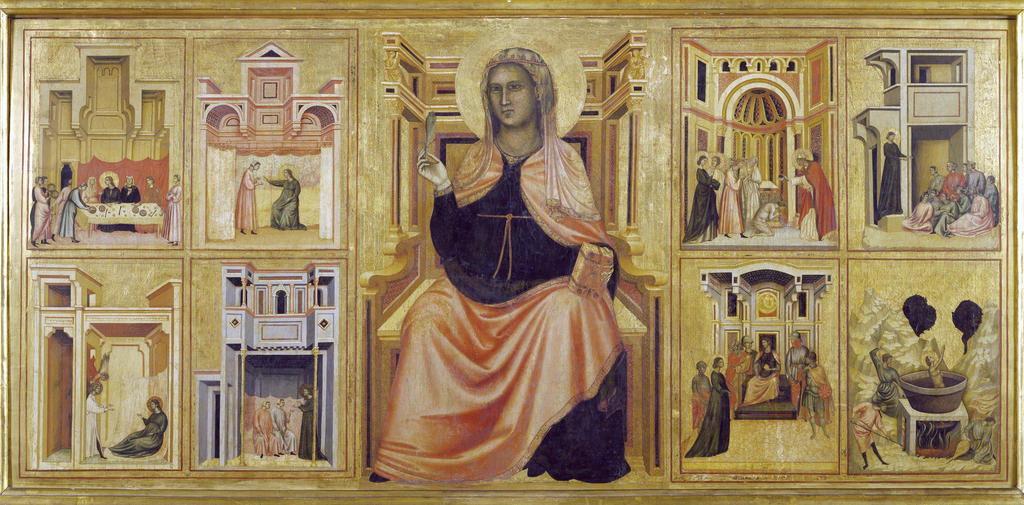 Maestro della Santa Cecilia, Sainte Cécile, 1300-1309. Tempera et or sur bois, 85 x 181 cm. Florence, galerie des Offices.