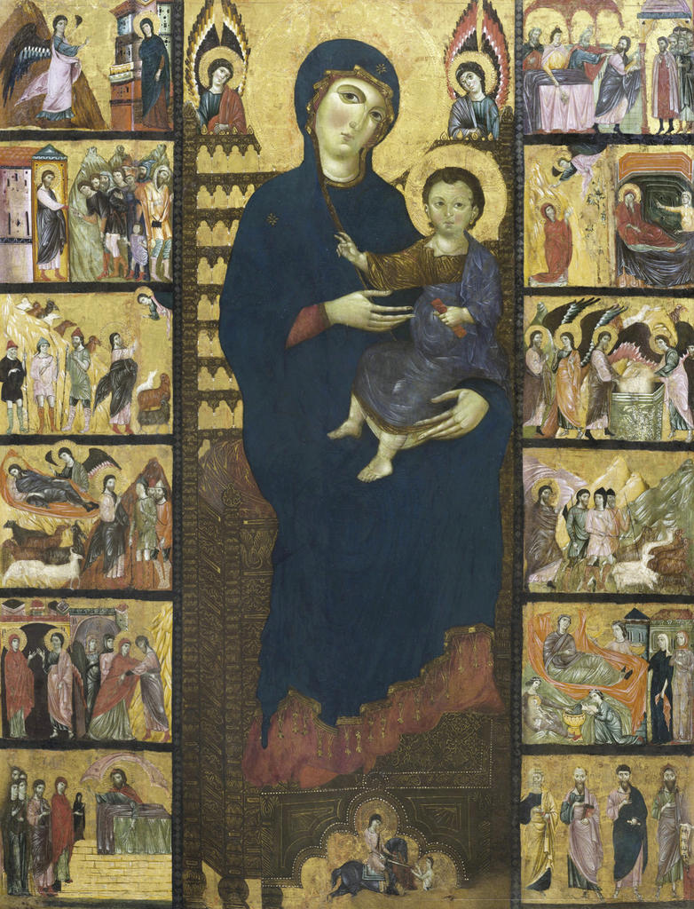Maître de San Martino, La Vierge à l’Enfant avec douze scènes de la vie de sainte Anne et de saint Joachim, vers 1250-70. Tempera sur bois, 164 x 130 cm. Pise, Museo Nazionale di San Matteo.