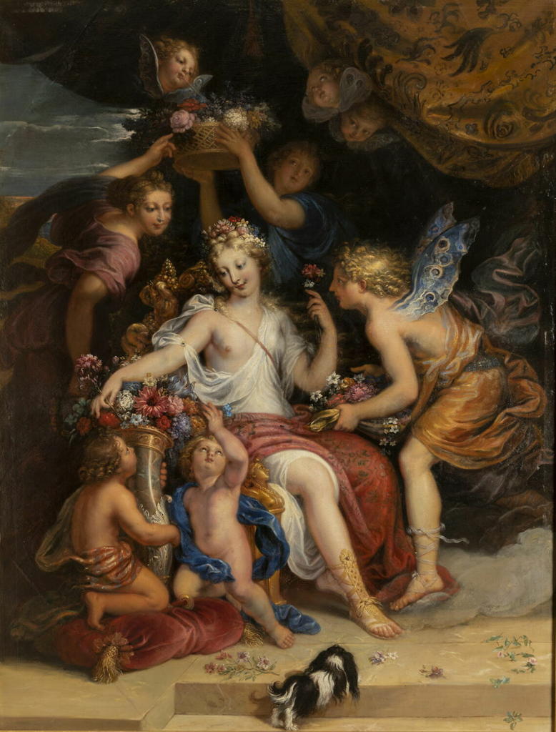 Michel II Corneille (1642-1708), Zéphyr présentant des fleurs à Flore, 1688. Huile sur toile, 179 x 127 cm. Versailles, musée national des châteaux de Versailles et de Trianon.