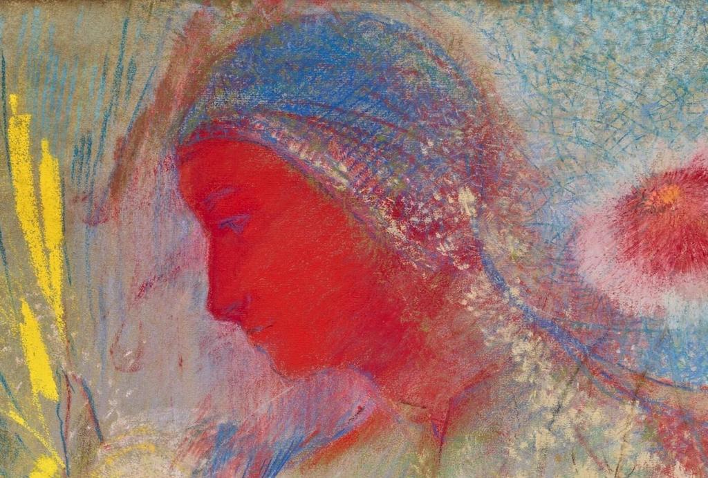 Odilon Redon (1840-1916), Tête de femme rouge, entourée d’une germination de fleurs (détail), vers 1901. Pastel sur papier monté sur carton, 47,5 x 63 cm. Vente Paris, Christie’s, 9 avril 2025. Estimé : 600 000/800 000 € Adjugé : 907 200 € (frais inclus).