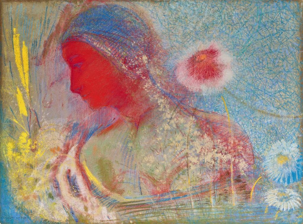 Odilon Redon (1840-1916), Tête de femme rouge, entourée d’une germination de fleurs, vers 1901. Pastel sur papier monté sur carton, 47,5 x 63 cm. Vente Paris, Christie’s, 9 avril 2025. Estimé : 600 000/800 000 € Adjugé : 907 200 € (frais inclus).