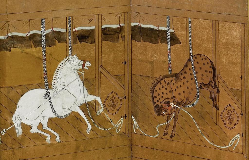 Japon, fin de la période Edo – début de la période Meiji, vers 1850-1880. Paravent à six feuilles à décor peint sur papier (détail), 182 x 46 cm pour une feuille.