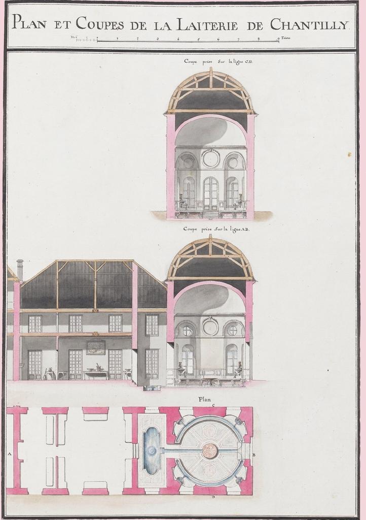 Chambé (attribué à), « Plan et coupes de la Laiterie de Chantilly », planche extraite de l’Album du comte du Nord : recueil des plans des châteaux, parcs et jardins de Chantilly levé en 1784. Encre, aquarelle et gouache, 64,5 x 48,5 cm. Chantilly, musée Condé.