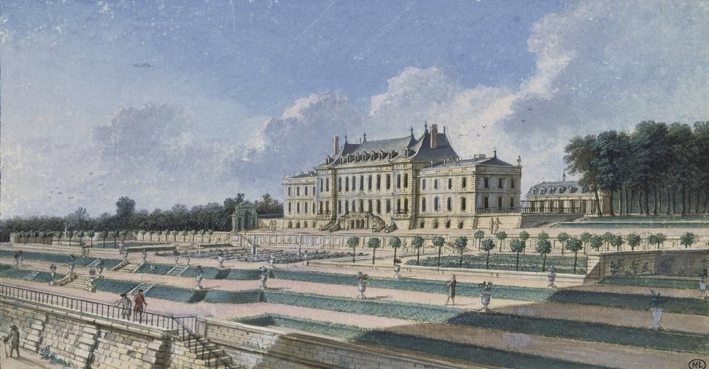 Quatrième vue du château de Menars, avant 1764. Plume et encre noire, aquarelle et gouache ; filet d’encadrement à la plume et encre noire. Annotation sur le montage en bas au milieu, à la plume et encre noire : 4 veüe du chateau de Menar. 12,6 x 24,1 cm. Paris, musée du Louvre, département des Arts graphiques.