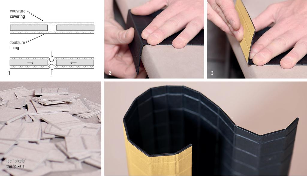 Extrait du tutoriel : schéma de couvrure, détail des pixels « bruts », puis recouverts de papier, plats semi-souples. 
