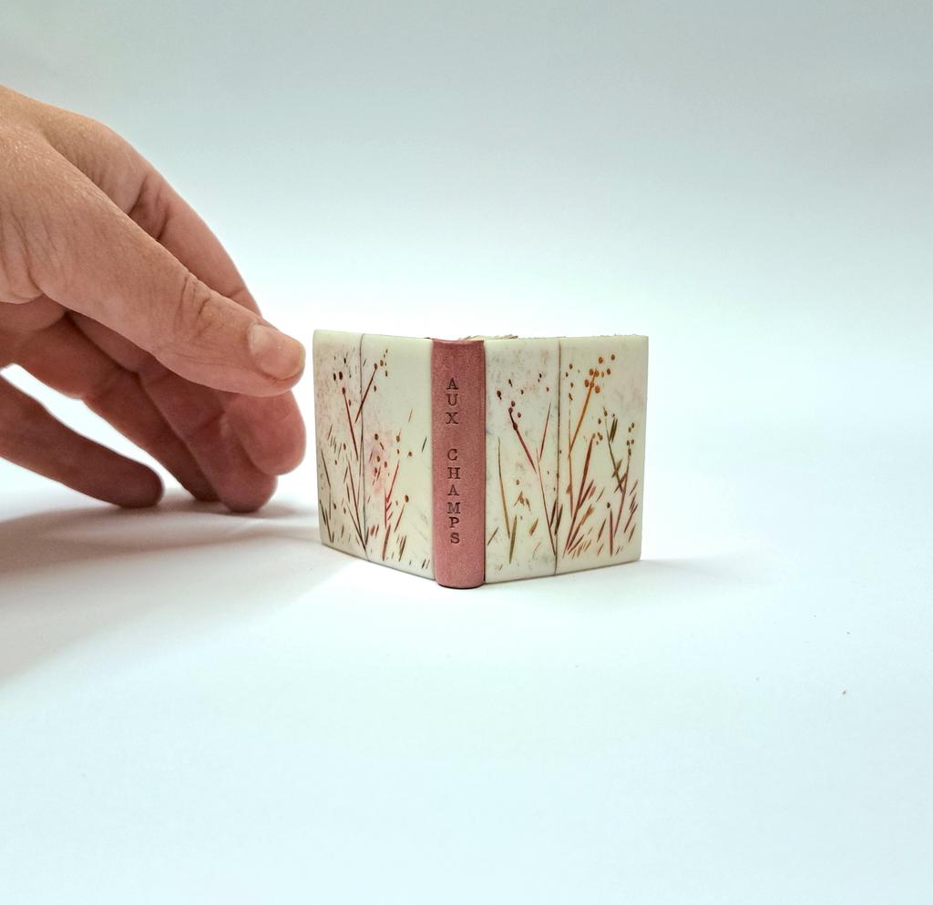 Victor Hugo, Aux champs, 4 aquarelles originales d’Annick Butré, livre minuscule, éditions Noir d’ivoire, 2020, imprimé sur japon impérial nacré, signé, ex. n° 3/10. Reliure d’Hélène Limousin : bradel à plats rapportés en os gravé et peint, dos en veau rose déglacé, dorure au froid naturel réalisée par la relieuse. 