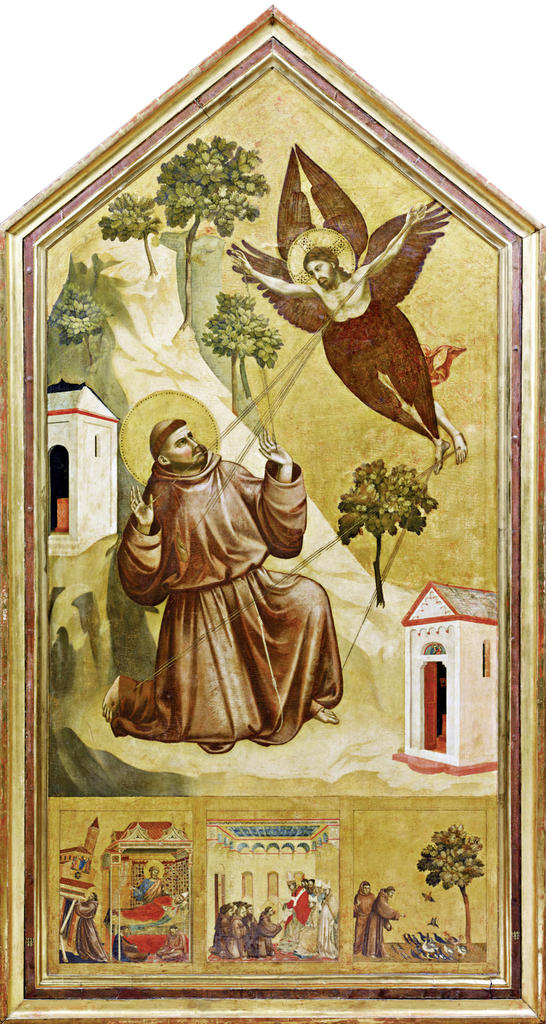 Giotto di Bondone, Saint François d’Assise recevant les stigmates ; dans la partie inférieure : Le Songe d’Innocent III ; Innocent III approuvant les statuts de l’ordre ; La Prédication de saint François d’Assise aux oiseaux, vers 1298. Tempera et or sur bois de peuplier, 313,5 x 162,5 cm (pour la partie originale, hors moulure). Paris, musée du Louvre. 
